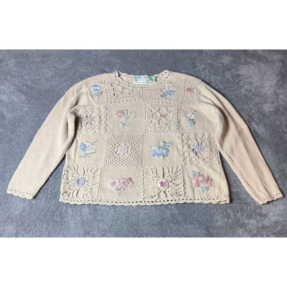 Emerald Isle Floral Patchwork Knit Sweater Beige Cottagecore Vintage Size M - Picture 2 of 8